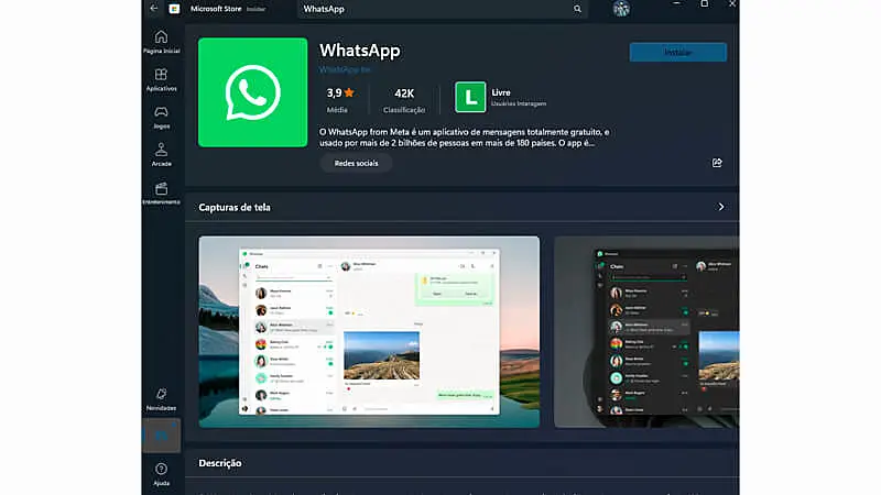 imagem que mostra uma captura de tela da Microsoft Store na página do WhatsApp