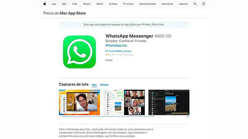 imagem que mostra a página de download do WhatsApp Messenger na AppleStore