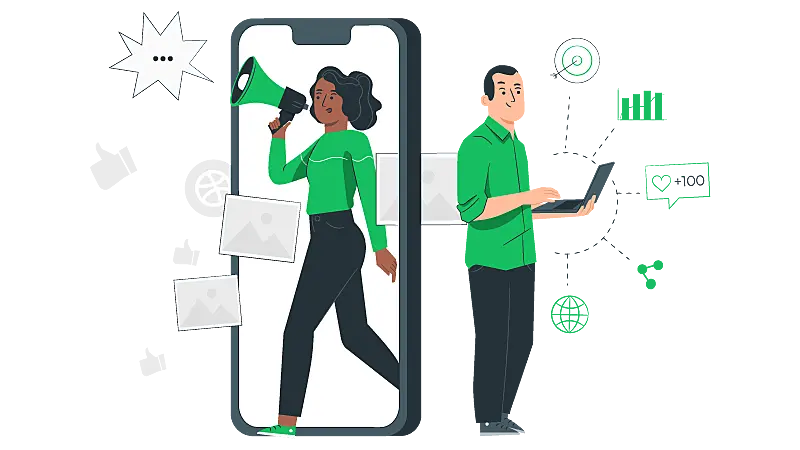 Imagem de duas pessoas divulgando como vender como afiliado através de celular e notebook