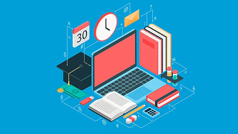 Ilustração de notebook com vídeo aberto e livros