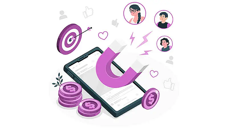 Ilustração de uma mão segurando um imã e atraindo pessoas