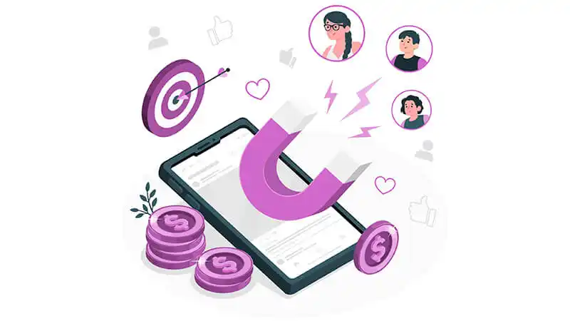 Ilustração de uma mão segurando um imã e atraindo pessoas