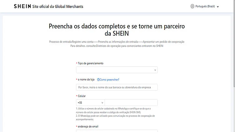 Página de cadastro da Shein