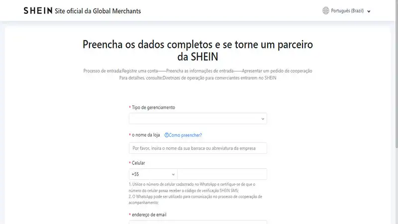 Como vender na Shein Página de cadastro da Shein