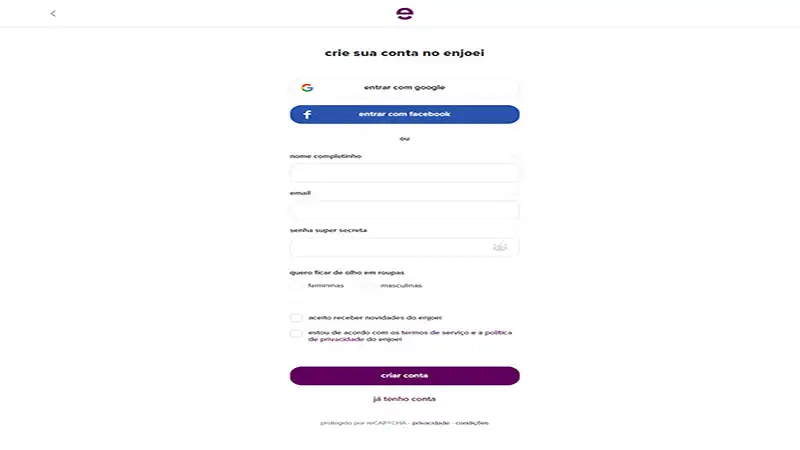 Captura de tela do cadastro Enjoei