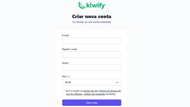 captura de tela mostrando a página de cadastro da Kiwify