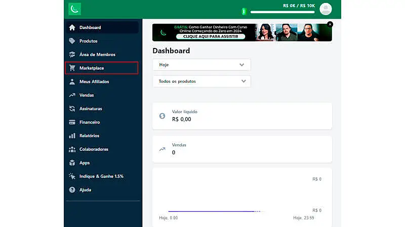 captura de tela mostrando como acessar o marketplace da Kiwify