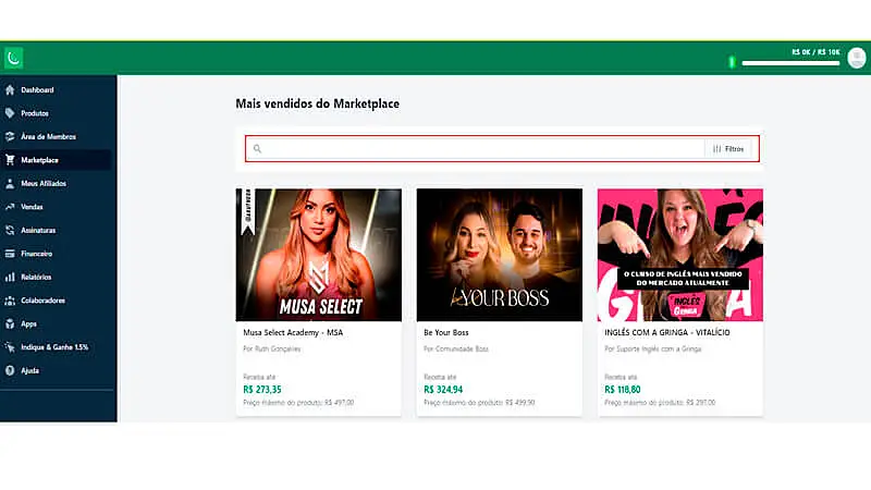 captura de tela mostrando como encontrar produtos no marketplace da Kiwify