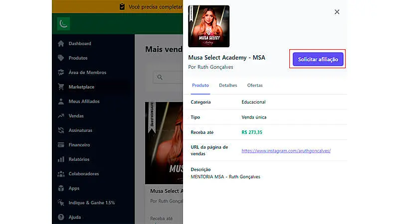 captura de tela mostrando como se afiliar a um produto na Kiwify