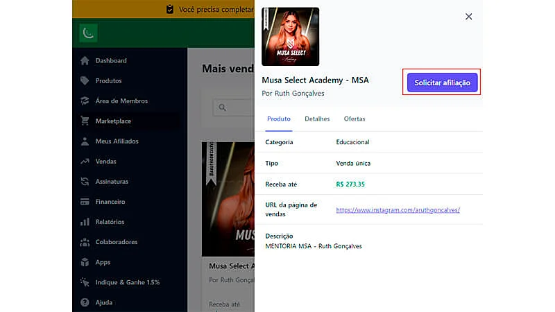 captura de tela mostrando como se afiliar a um produto na Kiwify
