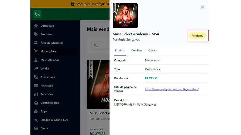captura de tela mostrando como fica a situação de um produto que precisa de aprovação para liberar a afiliação