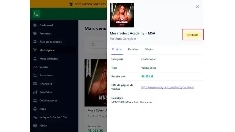captura de tela mostrando como fica a situação de um produto que precisa de aprovação para liberar a afiliação