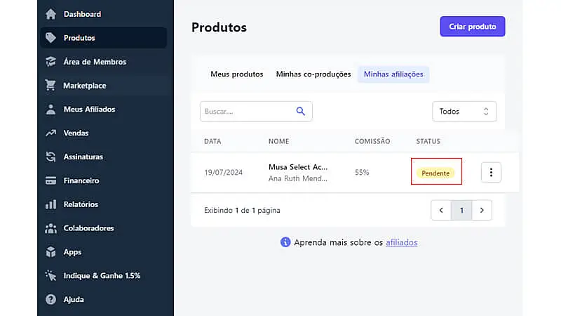 captura de tela mostrando como verificar a situação das afiliações e as comissões