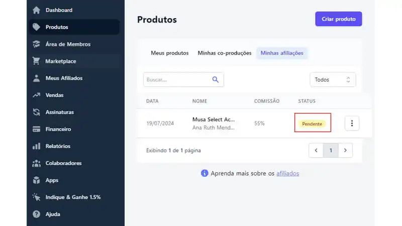captura de tela mostrando como verificar a situação das afiliações e as comissões