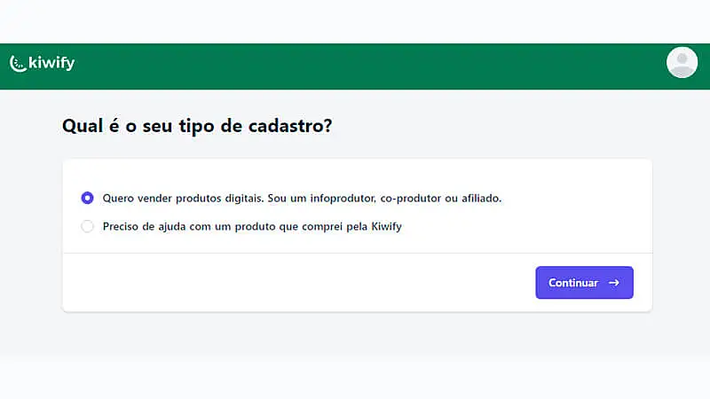 captura de tela mostrando como escolher o tipo de cadastro