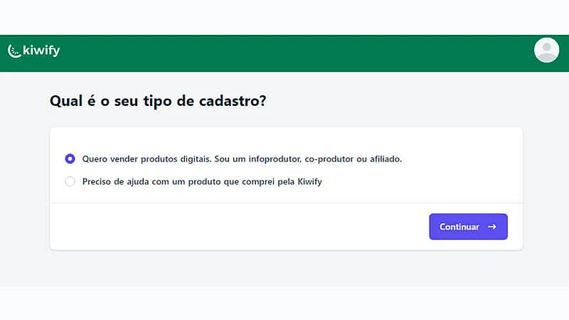 captura de tela mostrando como escolher o tipo de cadastro