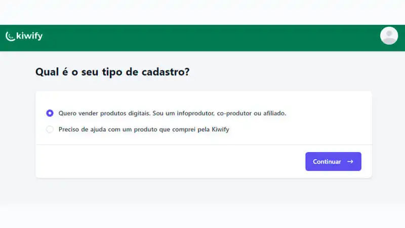captura de tela mostrando como escolher o tipo de cadastro