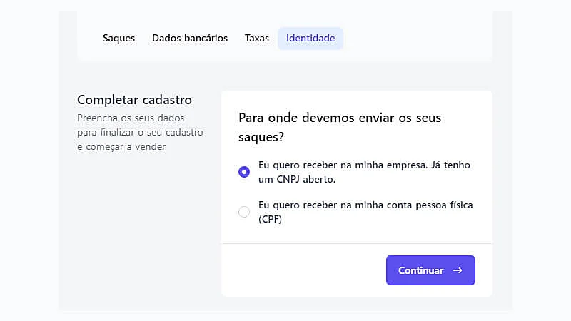 captura de tela mostrando como escolher onde receber os saques da Kiwify