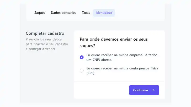 captura de tela mostrando como escolher onde receber os saques da Kiwify