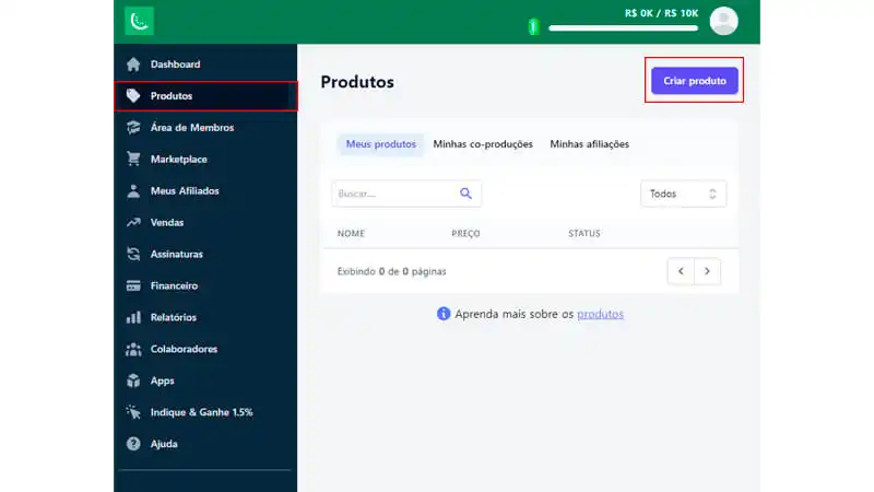 captura de tela mostrando como criar um produto na Kiwify