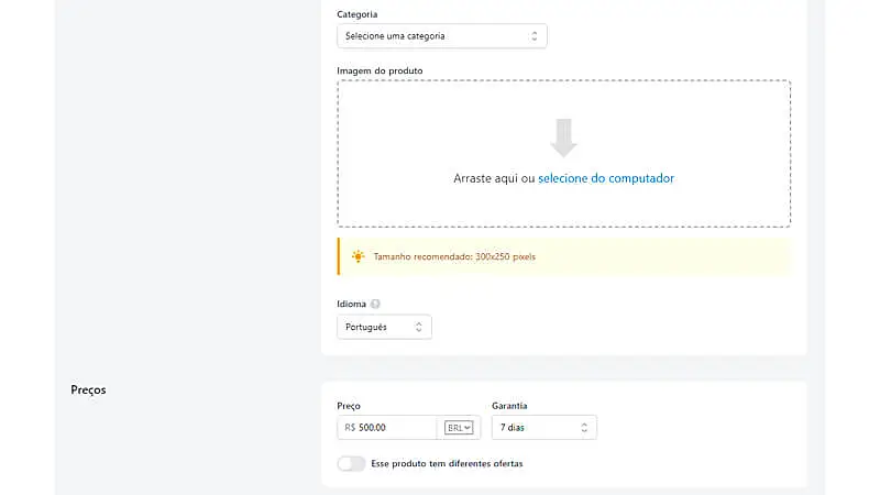 captura de tela mostrando como selecionar a categoria, colocar a imagem do produto e definir o preço