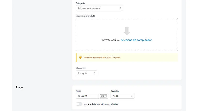 captura de tela mostrando como selecionar a categoria, colocar a imagem do produto e definir o preço