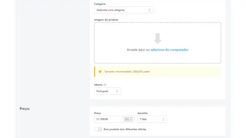 captura de tela mostrando como selecionar a categoria, colocar a imagem do produto e definir o preço