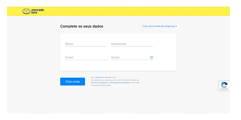 PrintScreen de como criar uma conta no Mercado Livre