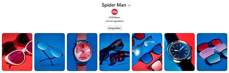 chili beans mostrando como vender no pinterest com pasta de ideias de óculos do spider man