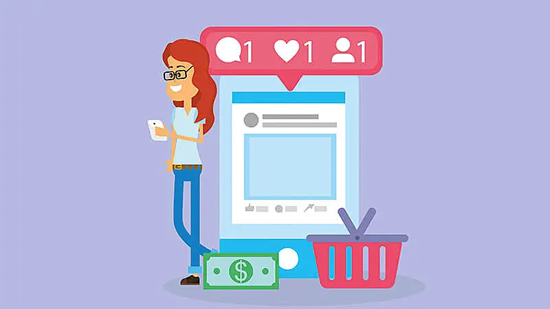 Ilustração de um celular aberto no Instagram, um cartão de crédito e ícones de roupa e sapato