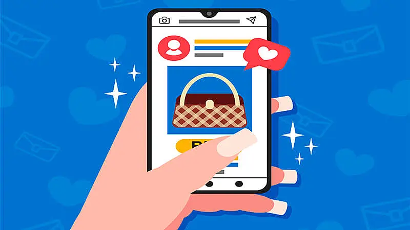 Ilustração de um celular com o símbolo do Instagram e uma etiqueta de valor