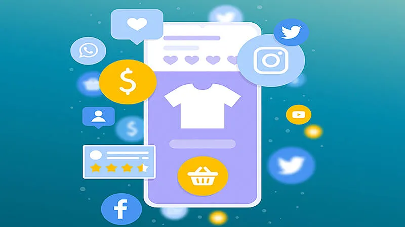 Ilustração de uma pessoa segurando o celular e várias sacolas, presente, cartão e outros símbolos