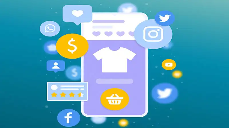 Como vender pelo Instagram Ilustração de uma pessoa segurando o celular e várias sacolas, presente, cartão e outros símbolos