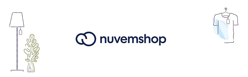 Logo da empresa nuvemshop ao lado de um abajur, vaso de planta e camiseta num cabide