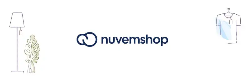 Logo da empresa nuvemshop ao lado de um abajur, vaso de planta e camiseta num cabide