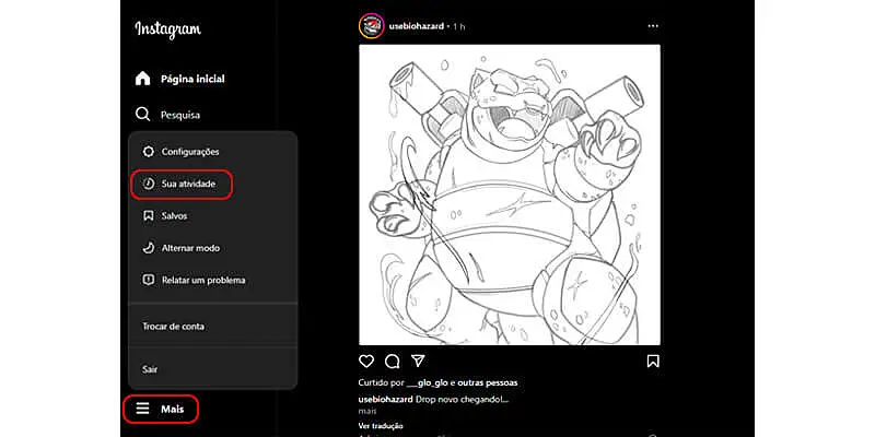 guia passo a passo de Como ver as publicações que eu curti no Instagram pelo PC mostrando como acessar o menu
