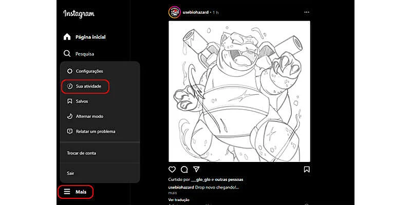 guia passo a passo de Como ver as publicações que eu curti no Instagram pelo PC mostrando como acessar o menu