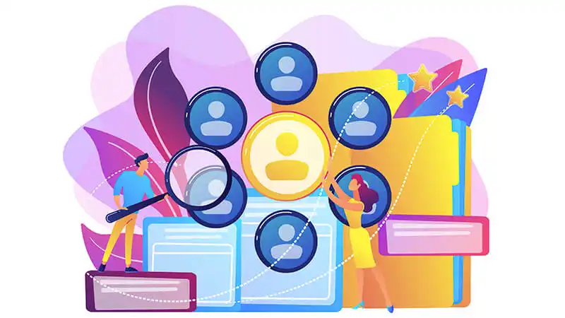 desenho de uma mão com uma lupa procurando pessoas em um mapa mundial