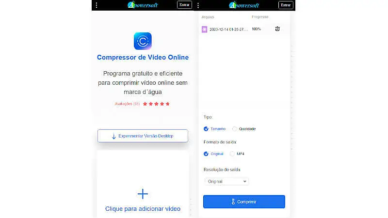 imagem que mostra o passo a passo de como compactar um vídeo para WhatsApp utilizando o site do Apowersoft