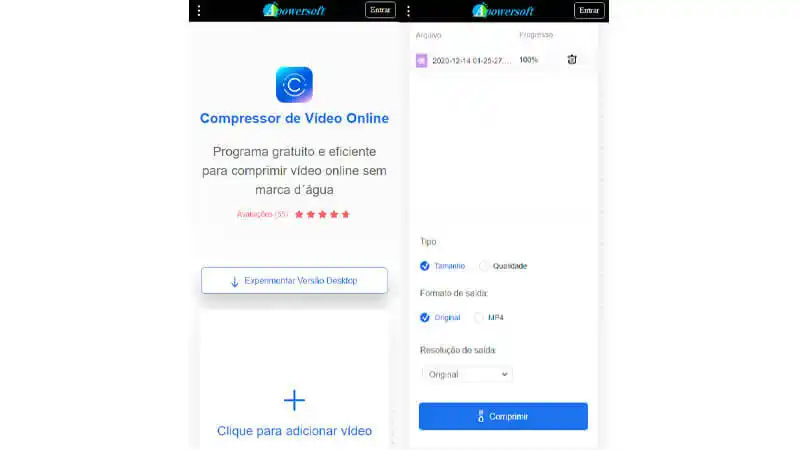 imagem que mostra o passo a passo de como compactar um vídeo para WhatsApp utilizando o site do Apowersoft