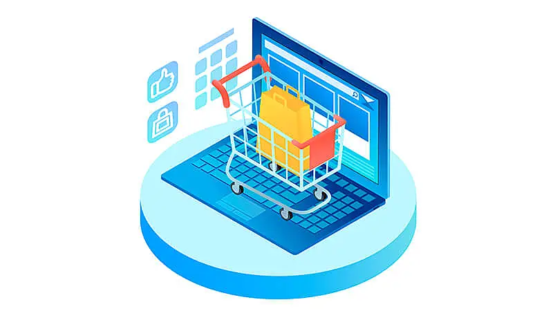 janela de um navegador estilizado com um comparador de precos e os icones de foguete bate papo carrinho de compras e cadeado ao lado