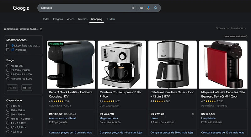 captura de tela do comparador de preços google shopping mostrando cafeteiras