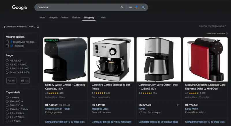 1 captura de tela do comparador de preços google shopping mostrando cafeteiras