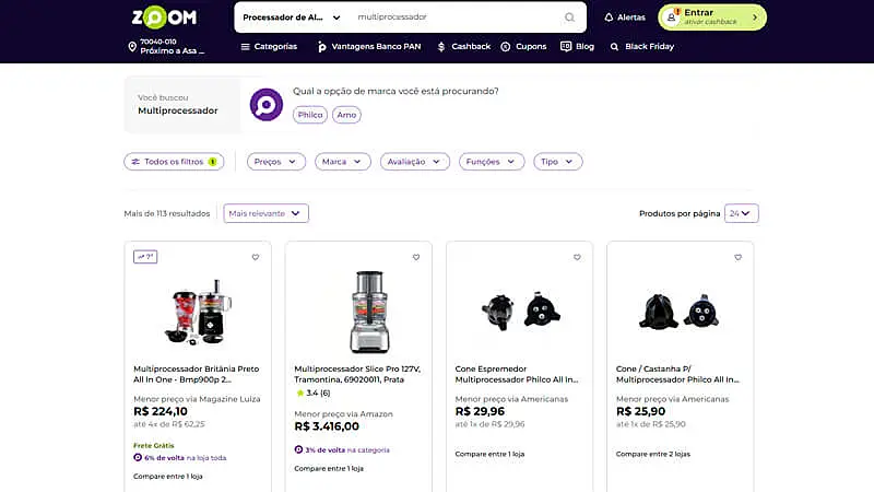 captura de tela do comparador de preço zoom mostrando multiprocessadores