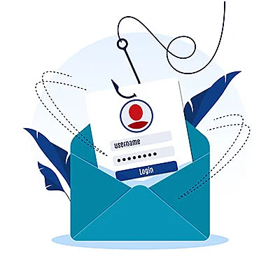 Fishing hook hooking the username and password inside a letter representing an email account.