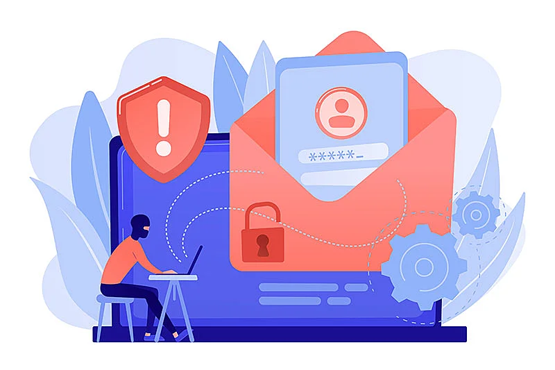 Masked man using a laptop trying to hack into someone's email account.