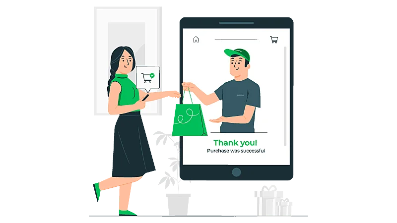 Imagem vetorizada de uma consumidora fazendo compras virtualmente