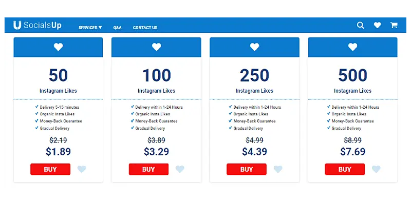 Planos para comprar curtidas no Instagram do site SocialsUp