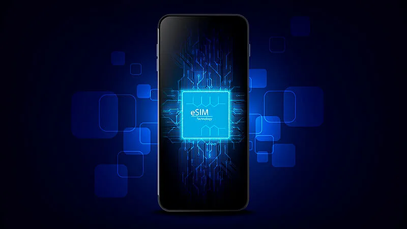 Ilustração de um celular com um eSIM na tela