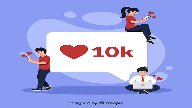 comprar seguidores tiktok Ilustração de 3 pessoas usando redes sociais e um ícone de 10K de like ao centro